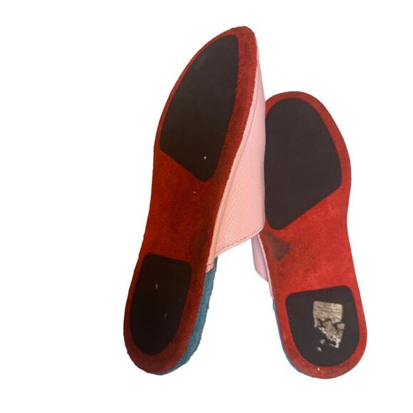 Min & Mon New York Leather Pink Eye Embroidered Slippers Blue Plush Lining 8 - Picture 4 of 6